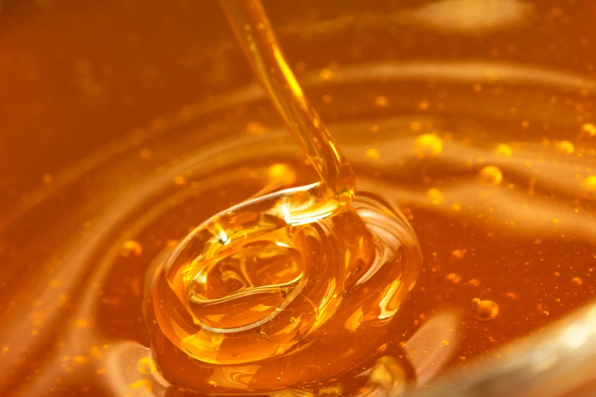 A single drop of honey showing its viscous texture.